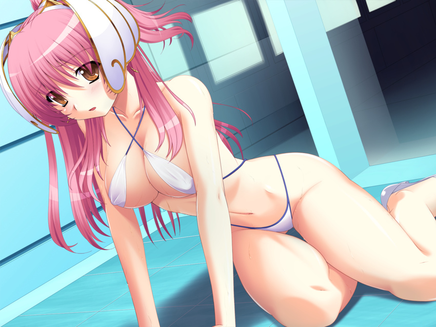 bikini blush brown_eyes game_cg mahou_senshi_extra_stage pink_hair saitou_natsuki swimsuit wet