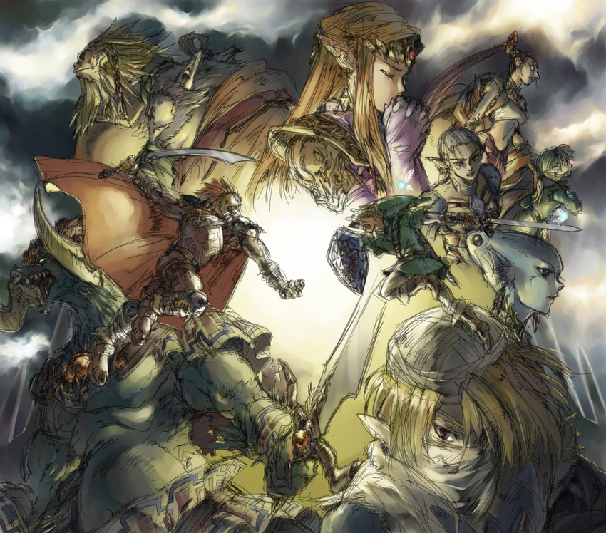 6+girls antique_(artist) battle beard blonde_hair blue_eyes cape closed_eyes darunia duel facial_hair ganondorf gerudo gloves green_hair hat holding holding_sword holding_weapon horn impa left-handed link long_hair monster multiple_boys multiple_girls nabooru navi pointy_ears ponytail princess_ruto princess_zelda rauru red_eyes red_hair saria sheik shield sword the_legend_of_zelda the_legend_of_zelda:_ocarina_of_time tiara weapon