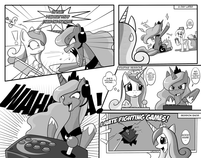 absurd_res angry black_and_white comic crown cutie_mark derpy_hooves_(mlp) dialog dialogue english_text equine female feral friendship_is_magic greyscale group hair headset hi_res horn horse mammal monochrome multi-colored_hair my_little_pony pegasus plain_background pony princess_cadance_(mlp) princess_celestia_(mlp) princess_luna_(mlp) rage_quit seiryuga text winged_unicorn wings