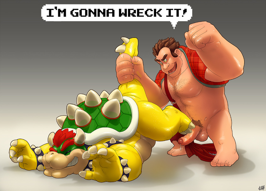 2012 anthro balls biceps big big_penis bowser chubby claws collar dragon erection gay hair horn human interspecies kahmari king koopa lizard lying male mario_bros muscles nintendo nude open_mouth overweight paws pecs penis plain_background ralph reptile royalty scales scalie shell smile spikes teeth tongue turtle video_games