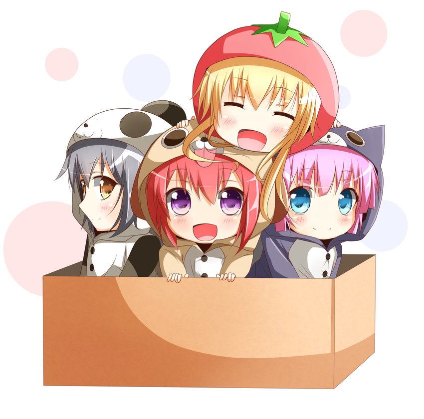 :d akaza_akari animal_costume black_hair blonde_hair blue_eyes box brown_eyes cat_costume chibi closed_eyes dog_costume funami_yui highres in_box in_container long_hair multiple_girls open_mouth pajamas panda_costume pink_hair purple_eyes red_hair short_hair smile tomato_costume toshinou_kyouko warabi_mochi_(ehimedaisuki) yoshikawa_chinatsu yuru_yuri