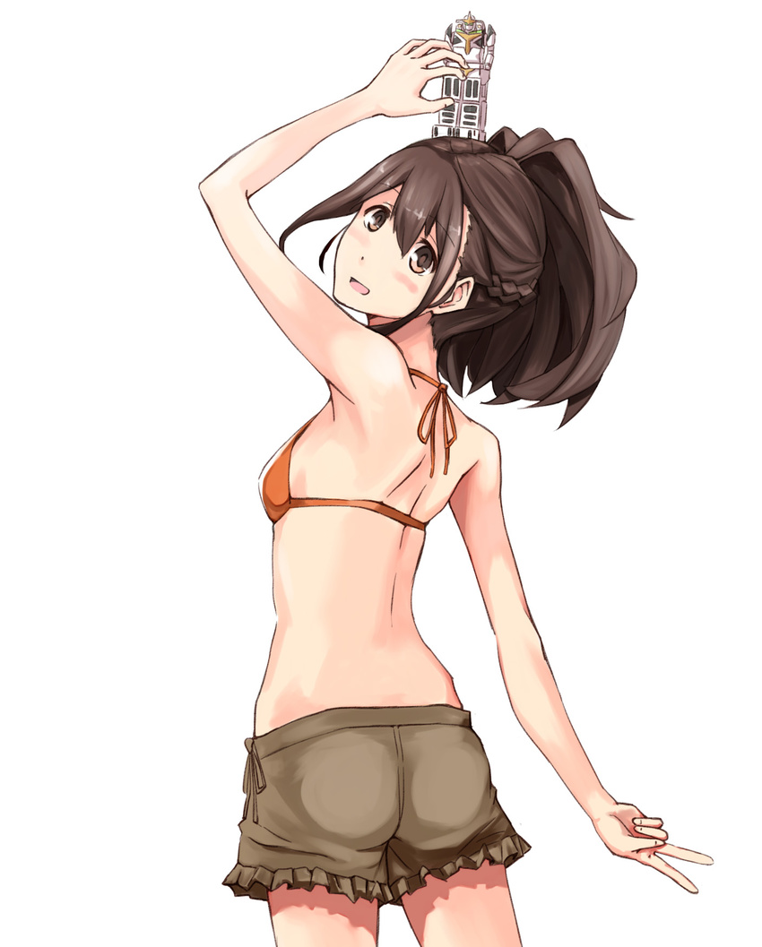 bad_id bad_pixiv_id bikini_top blush brown_eyes brown_hair from_behind gunvarel highres looking_back nyoijizai object_on_head open_mouth robotics;notes senomiya_akiho shorts solo toy v