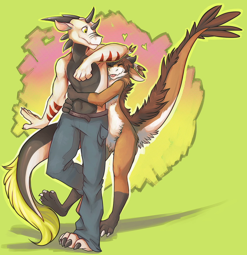 abstract_background anthro body_markings couple dragon duo eyes_closed feathers female hoot horn hug male markings navel scalie size_difference topless unknown_species yellow_eyes