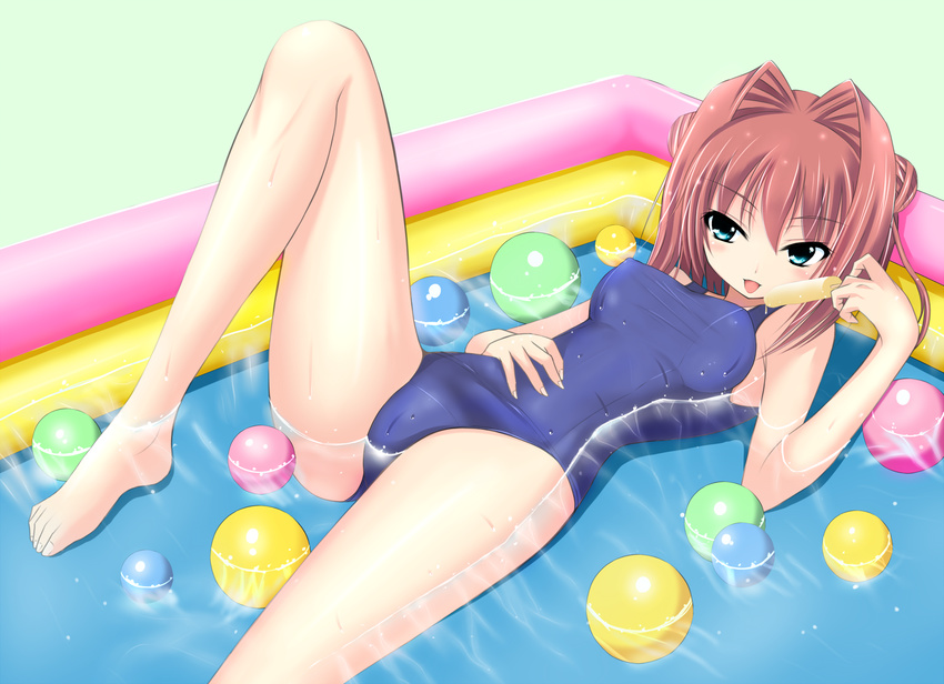 asakura_yume ball barefoot blue_eyes brown_hair da_capo da_capo_ii feet food highres lying masaki_(sibamasa) one-piece_swimsuit partially_submerged popsicle school_swimsuit short_hair solo swimsuit wading_pool water