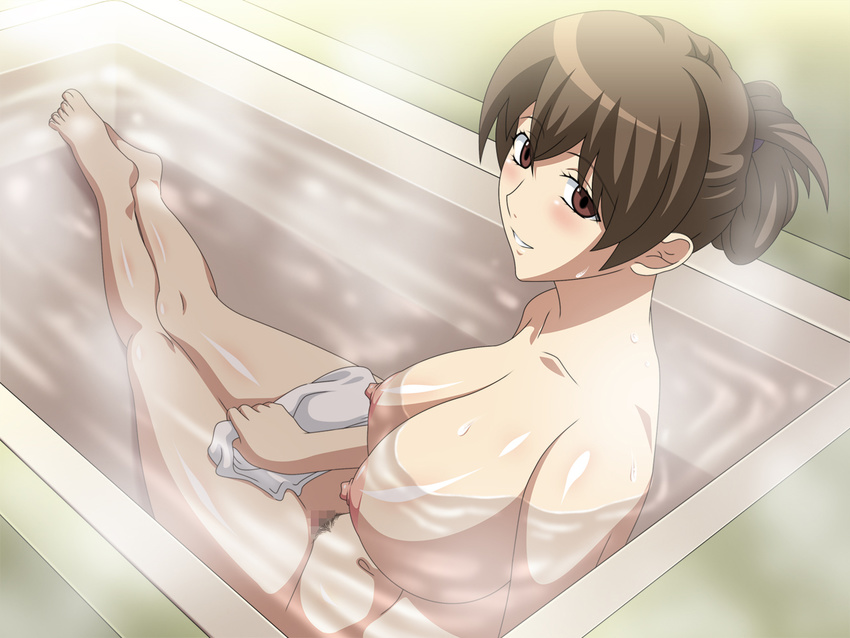 barefoot bathtub breasts brown_eyes brown_hair bunbobo censored feet huge_breasts long_hair looking_at_viewer navel nipples nude smile solo steam sweat toes towel water