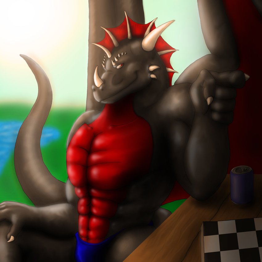 abs absurd_res anthro biceps big big_muscles black_dragon checkerboard chess claws dragon dragonwing013 hi_res horn inuchan lake looking_at_viewer male muscles pecs pointing pose scales sitting soda solo speedo swimsuit topless underwear white_horns