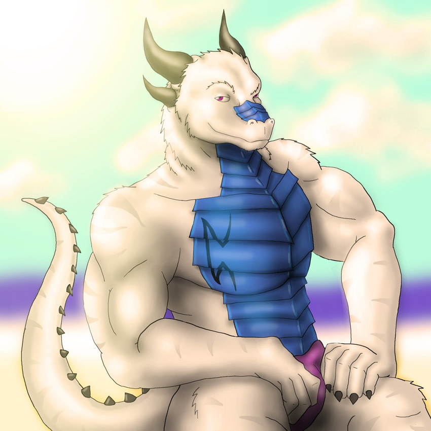 abs anthro biceps big big_muscles black_horns claws dragonwing013 drake drake_(species) fur handsome horn looking_at_viewer male muscles pecs pose purple_eyes ratharn sitting solo speedo swimsuit tattoo underwear