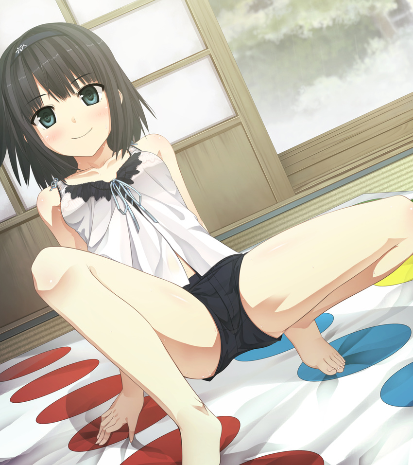 absurdres arishima_alice arm_support bare_legs barefoot black_hair blouse bra breasts cura game_cg green_eyes hairband highres leaning_back monobeno see-through short_hair short_shorts shorts small_breasts smile solo spread_legs striped twister underwear vertical-striped_bra vertical_stripes