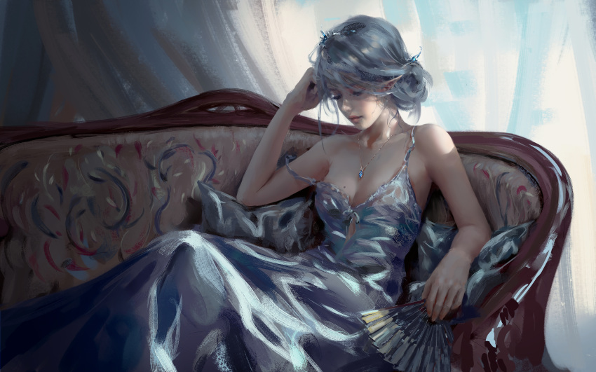 breasts celestia_(wlop) cleavage couch dark dress fan ghostblade gray_hair logo necklace no_bra pointed_ears realistic tiara watermark wlop