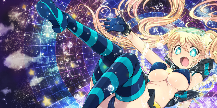 1girl blonde_hair blue_eyes blue_footwear blush boots breasts bubble goggles jacket kamiya_zuzu large_breasts long_hair looking_at_viewer open_clothes open_jacket open_mouth original skirt solo star star-shaped_pupils striped striped_legwear symbol-shaped_pupils thigh_boots thighhighs twintails underboob