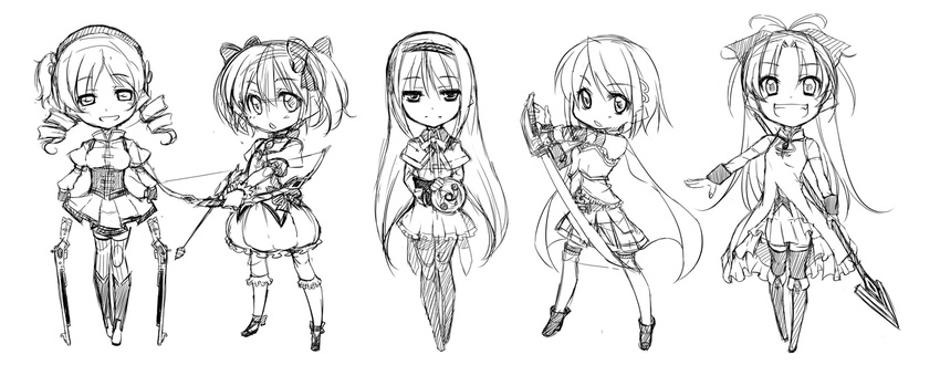 akemi_homura bow_(weapon) cape chibi drill_hair greyscale grin gun hirase_yuu kaname_madoka long_hair magical_girl magical_musket mahou_shoujo_madoka_magica miki_sayaka monochrome multiple_girls pantyhose sakura_kyouko simple_background sketch skirt smile sword thighhighs tomoe_mami twin_drills twintails very_long_hair weapon white_background