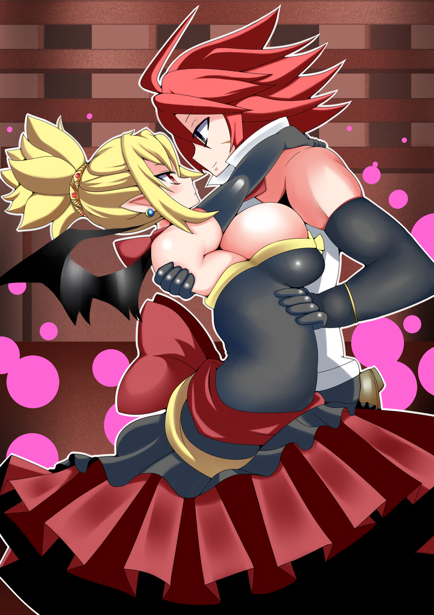 adell adell_(disgaea) bat_wings blonde_hair breasts couple disgaea dress elbow_gloves gloves highres huge_breasts red_hair rozalin tototototokei wings