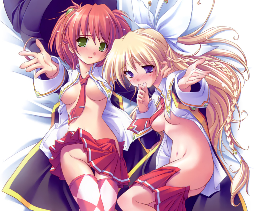 2girls bed blonde_hair blush ellene_sylvana komatsu_eiji majokko_a_la_mode no_bra nopan open_shirt red_hair seifuku silvia_aizetto thighhighs tie