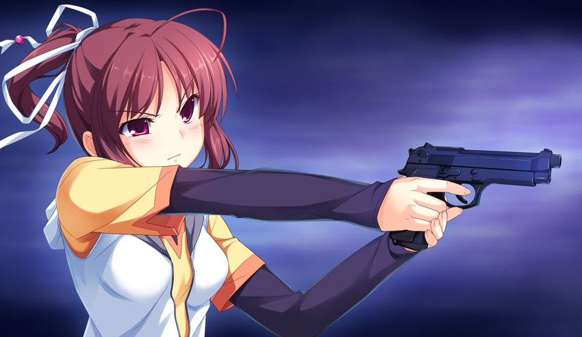 brown_hair game_cg gun ponytail reesaa sinclient weapon yanasa_mai