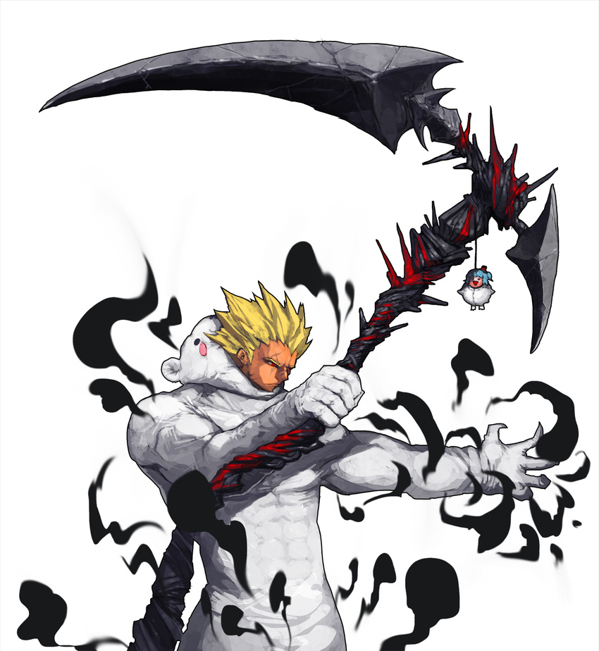 animal_costume avenger bear_costume blonde_hair costume dnf dungeon_and_fighter highres priest red_eyes scar scars scythe spiked_hair spikey_hair