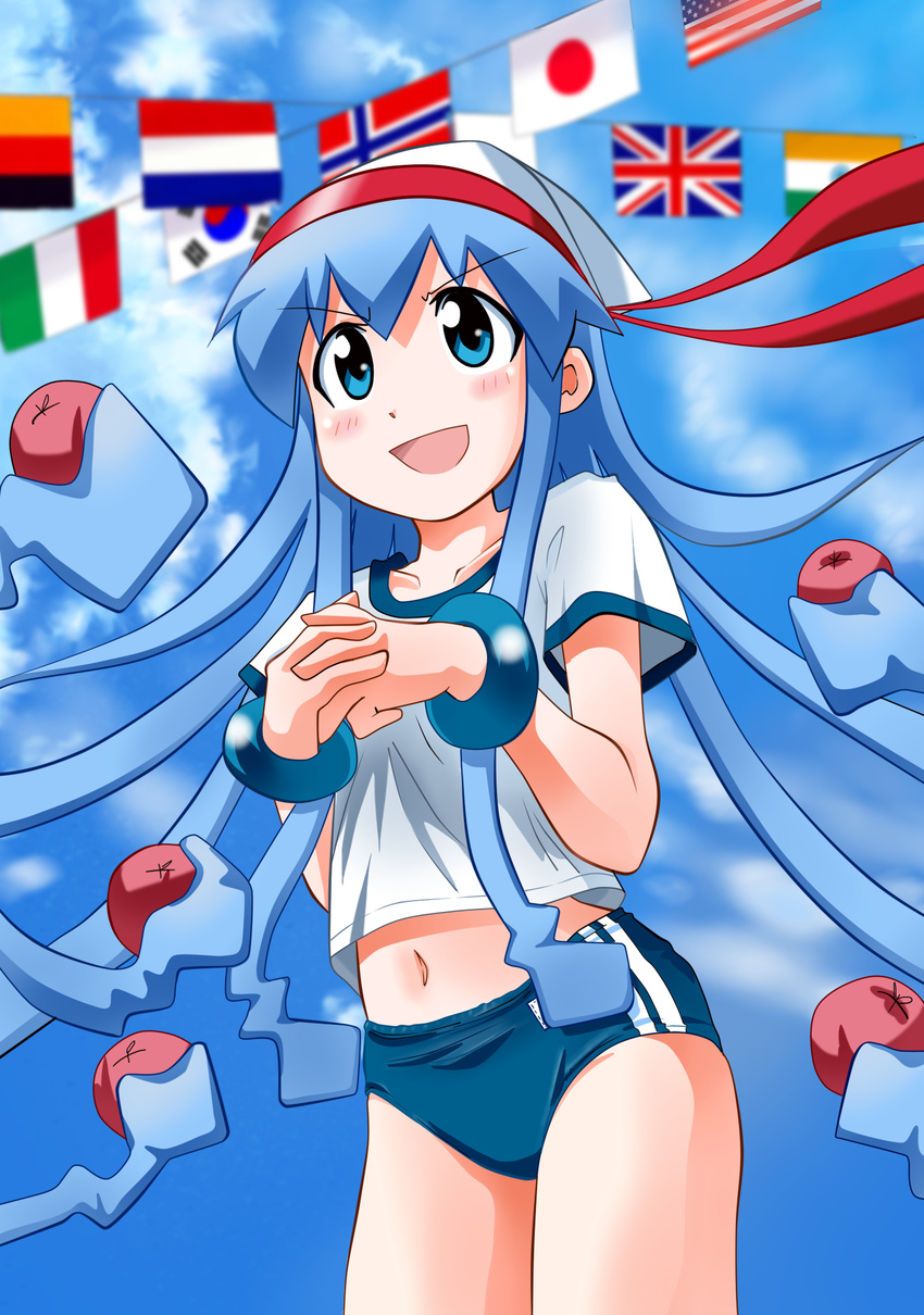 alternate_costume american_flag apple ball_toss bean_bag blue_eyes blue_hair blush bracelet buruma cloud day flag flags_of_all_nations food fruit german_flag gym_uniform hat headband highres ikamusume italian_flag japanese_flag jewelry long_hair navel norwegian_flag rokushaku_neko shinryaku!_ikamusume sky solo south_korean_flag sports_festival string_of_flags tentacle_hair union_jack