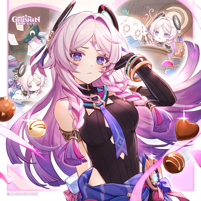 1girl absurdres bare_shoulders black_leotard blue_eyes braid breasts candy chibi chocolate citlali_(genshin_impact) closed_mouth english_commentary facial_mark food forehead_mark genshin_impact heart heart-shaped_chocolate heart-shaped_food highres leotard long_hair looking_at_viewer medium_breasts multicolored_hair multiple_views official_art open_mouth pink_hair pink_pupils siya_ho triangle triangle_facial_mark twin_braids very_long_hair