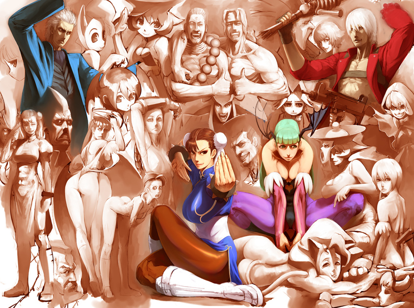 6+girls alex_(street_fighter) animal_ears anita_(vampire) ass aulbath bad_id bad_pixiv_id beret blanka breasts bulleta bun_cover cammy_white capcom cat_ears china_dress chinese_clothes chun-li cleavage company_connection crossover dante_(devil_may_cry) devil_may_cry donovan_baine double_bun dress everyone felicia guile gun hat jedah_dohma kurohachi lady_(devil_may_cry) large_breasts lei_lei lilith_aensland medium_breasts morrigan_aensland multiple_boys multiple_crossover multiple_girls pantyhose pelvic_curtain print_legwear purple_legwear q-bee street_fighter vampire_(game) vergil weapon wings zangief