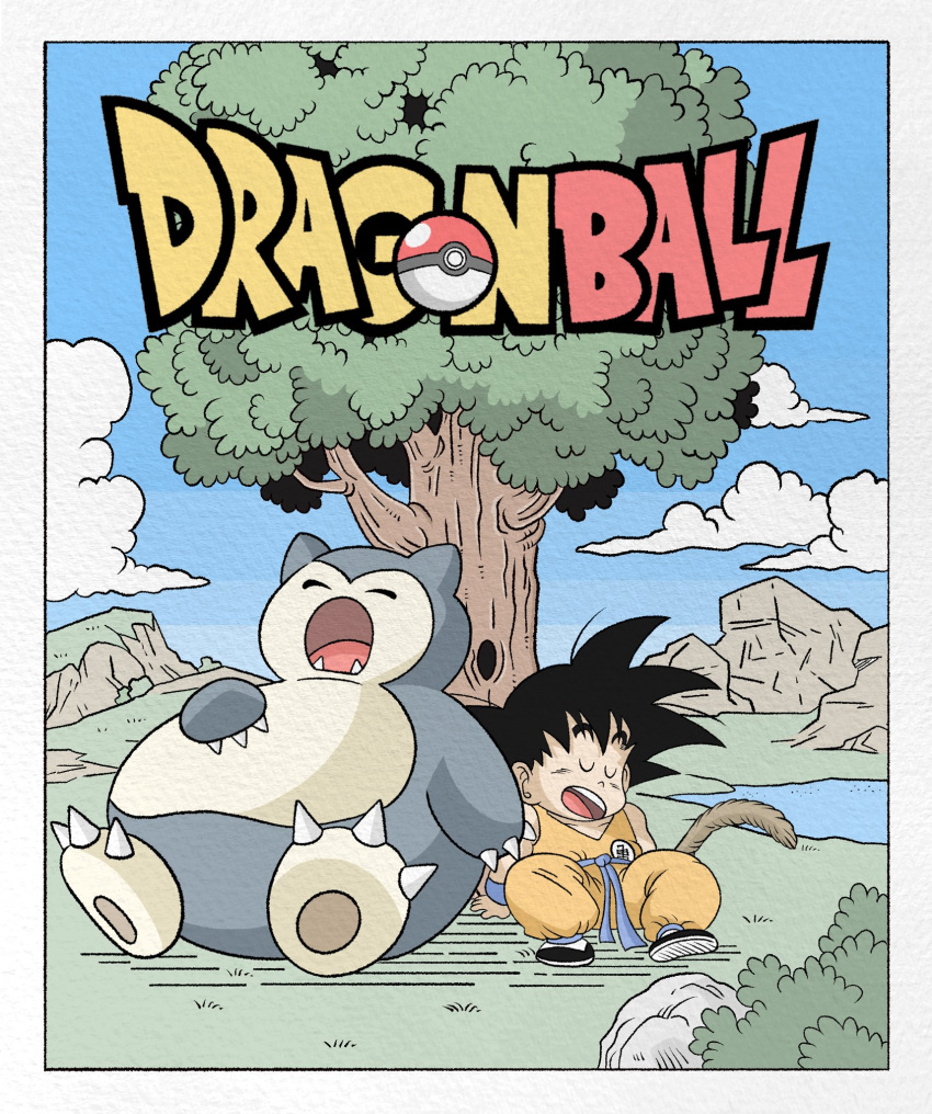 anthro claws clothing cloud crossover day dragon_ball duo english_text generation_1_pokemon goku hi_res male nintendo open_mouth plant pokeball pokemon pokemon_(species) sleeping snorlax text toe_claws tree wesatinthecar