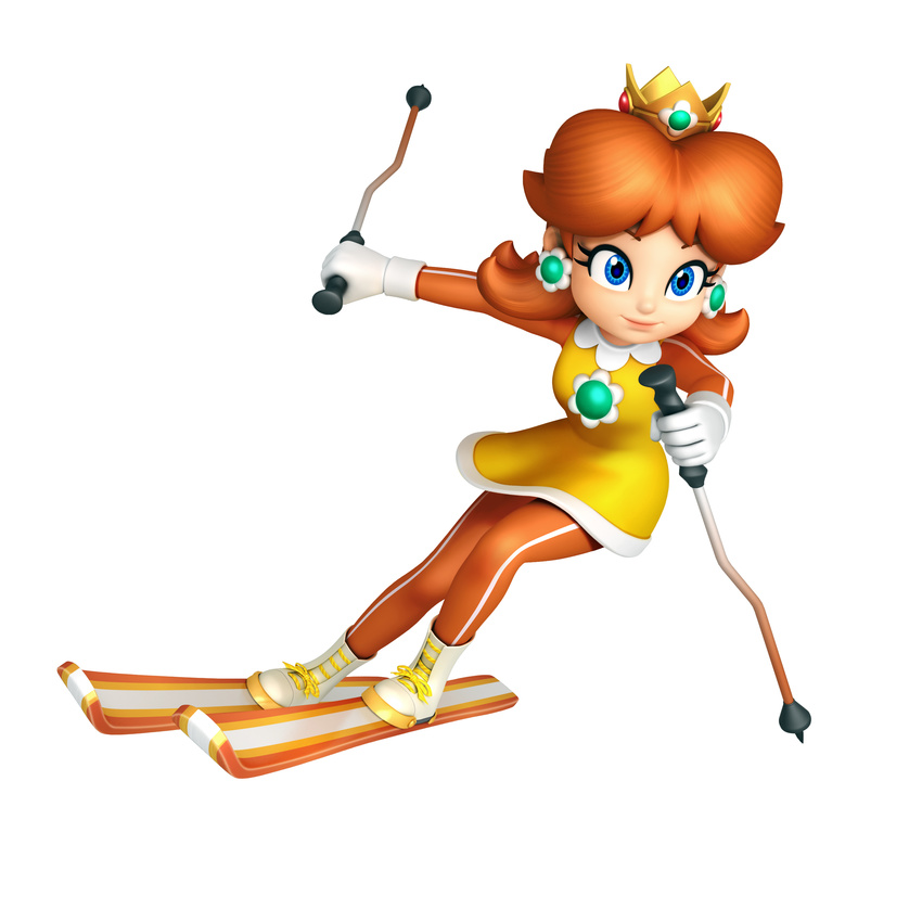 1girl absurdres blue_eyes boots brown_hair dress flower gloves highres jewelry mario_&amp;_sonic_at_the_olympic_games mario_&amp;_sonic_at_the_olympic_winter_games mario_and_sonic_at_the_olympic_games mario_and_sonic_at_the_olympic_winter_games official_art orange_hair princess_daisy short_hair skiing smile sport sports super_mario_bros. super_mario_land