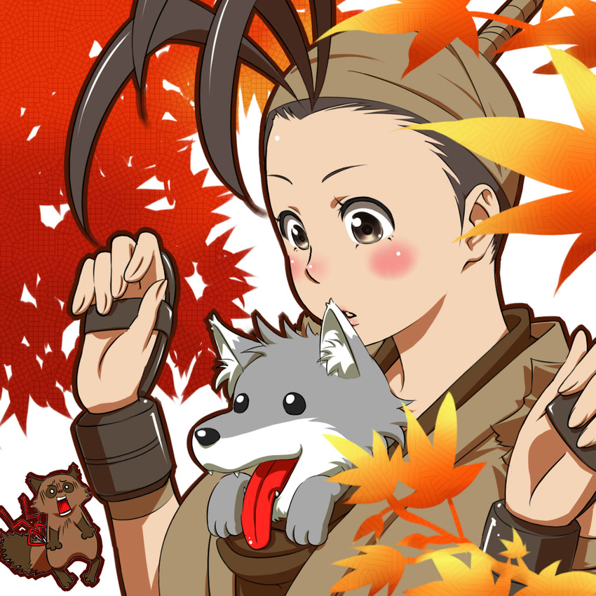 antenna_hair armor bad_id bad_pixiv_id between_breasts blush breasts dog don_(street_fighter) highres ibuki_(street_fighter) japanese_armor jealous kote long_hair ninja orochi_(namashiba) ponytail street_fighter street_fighter_iii_(series) tanuki tongue tongue_out