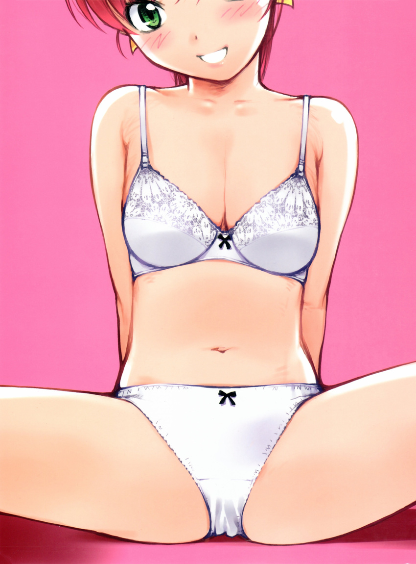 absurdres arms_behind_back bow bow_bra bow_panties bra breasts green_eyes grin hayase_mina highres kiriyama_taichi looking_at_viewer navel panties pink_background pink_hair sexfriend simple_background small_breasts smile solo spread_legs underwear underwear_only white_bra white_panties