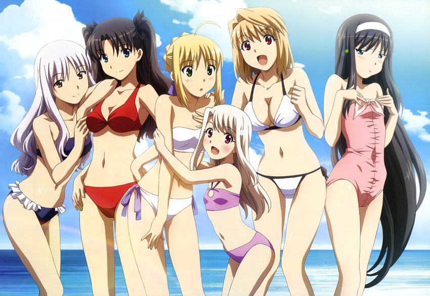 amisaki_ryouko arcueid_brunestud bikini caren_ortensia carnival_phantasm cleavage crossover fate/stay_night illyasviel_von_einzbern saber shingetsutan_tsukihime swimsuit tohno_akiha tohsaka_rin