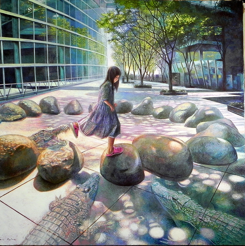 alligator black_hair building crocodilian crocs dress hashimoto_reina highres imagining long_hair mixed_media original paint_(medium) real_world_location realistic rock tokyo_(city) traditional_media tree younger