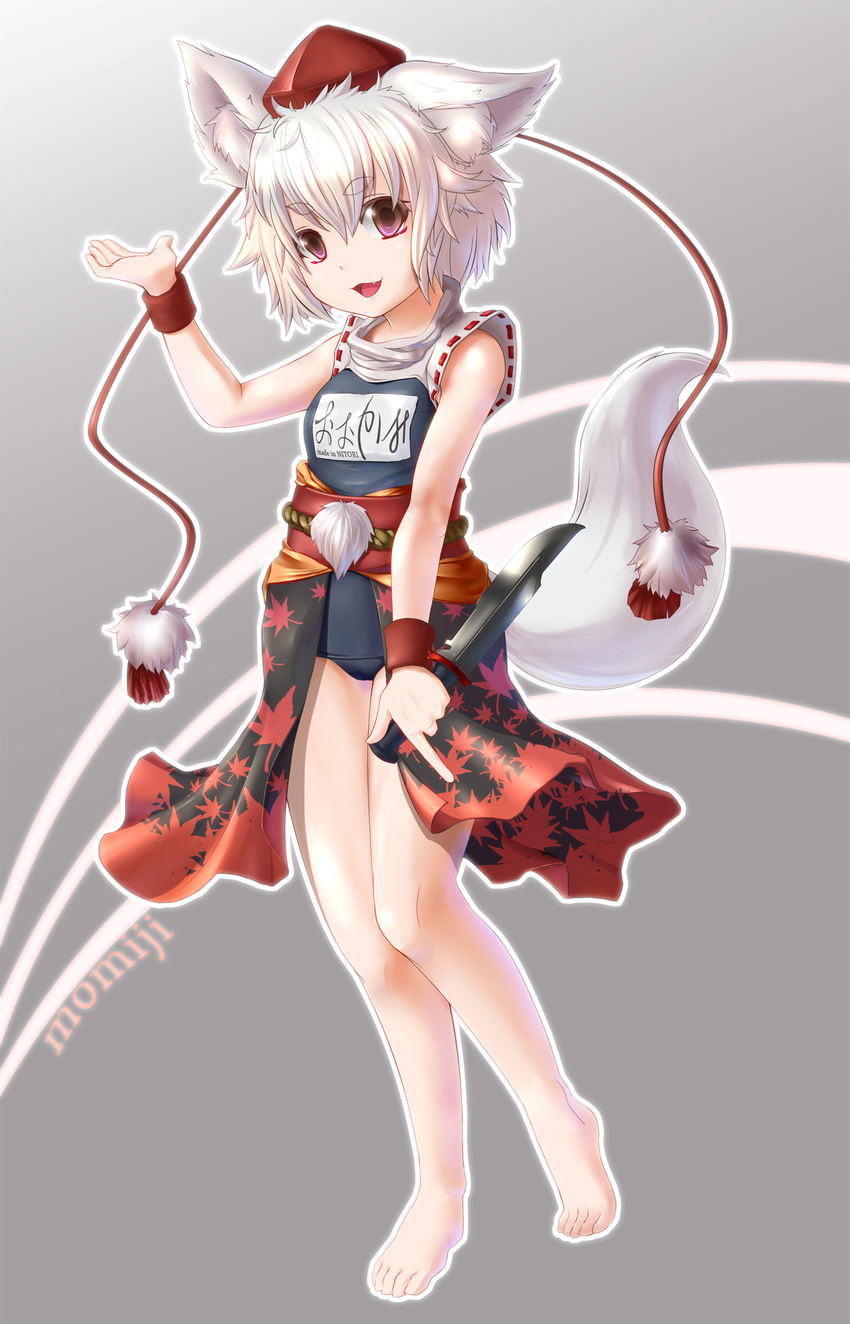 animal_ears bare_legs barefoot character_name fang grey_background hat highres inubashiri_momiji knife mizuke_no_nai_tofu obi purple_eyes sash school_swimsuit short_hair smile solo swimsuit swimsuit_under_clothes tail tokin_hat touhou white_hair wolf_ears wolf_tail wrist_cuffs