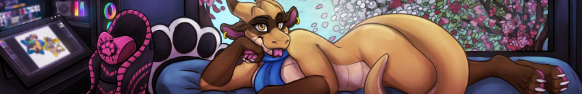 anthro bed bedroom_eyes breasts claws computer curtains drawing_tablet ear_piercing ears electronics female fender furaffinity furniture gaming_chair hi_res horn kobold long_image mascot mostly_nude narrowed_eyes paws piercing plant reptile rgb_lighting scalie scarf scarf_only seductive solo tail tongue tongue_out tree unknown_artist wide_image