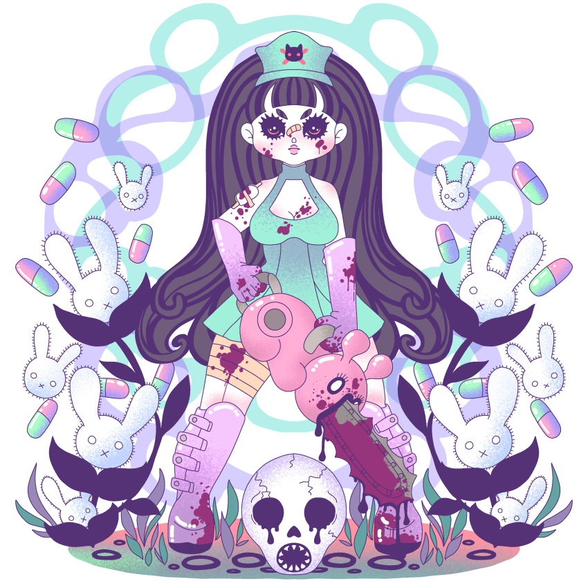1girl absurdres angryoldthing black_hair blood blood_on_weapon blood_splatter blue_dress boots breasts chainsaw cleavage dress full_body gloves highres holding holding_chainsaw long_hair medium_breasts nurse pill pink_eyes pure_trance purple_boots purple_gloves rabbit simple_background skull solo standing suzuki_kaori_(pure_trance) thick_eyelashes trance_(music) weapon white_background