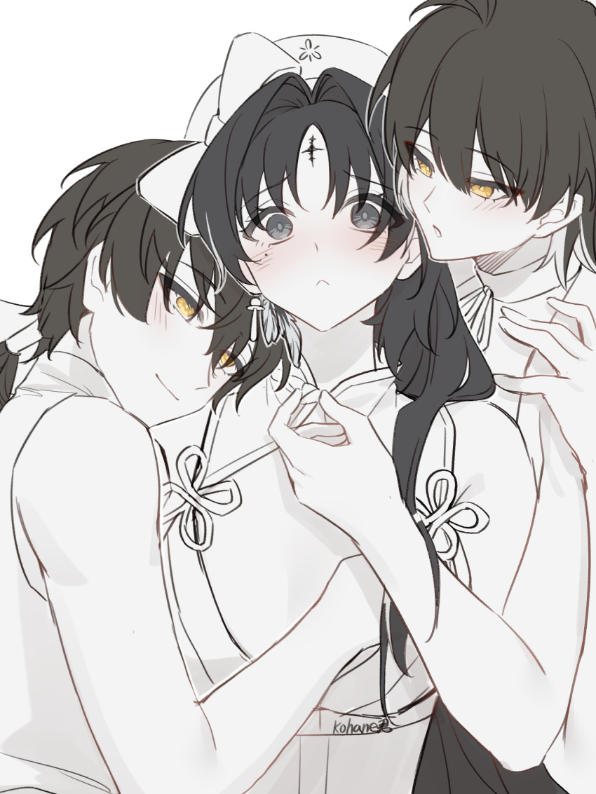 1boy 2girls beret black_eyes black_hair blush chinese_commentary closed_mouth commentary_request dual_persona earrings eyeliner feather_hair female_rover_(wuthering_waves) greyscale hand_up hat highres jewelry kohane_kun light_blush looking_at_another makeup male_rover_(wuthering_waves) mole mole_under_eye monochrome multiple_girls red_eyeliner rover_(wuthering_waves) smile spot_color tacet_mark_(wuthering_waves) wuthering_waves yangyang_(wuthering_waves)