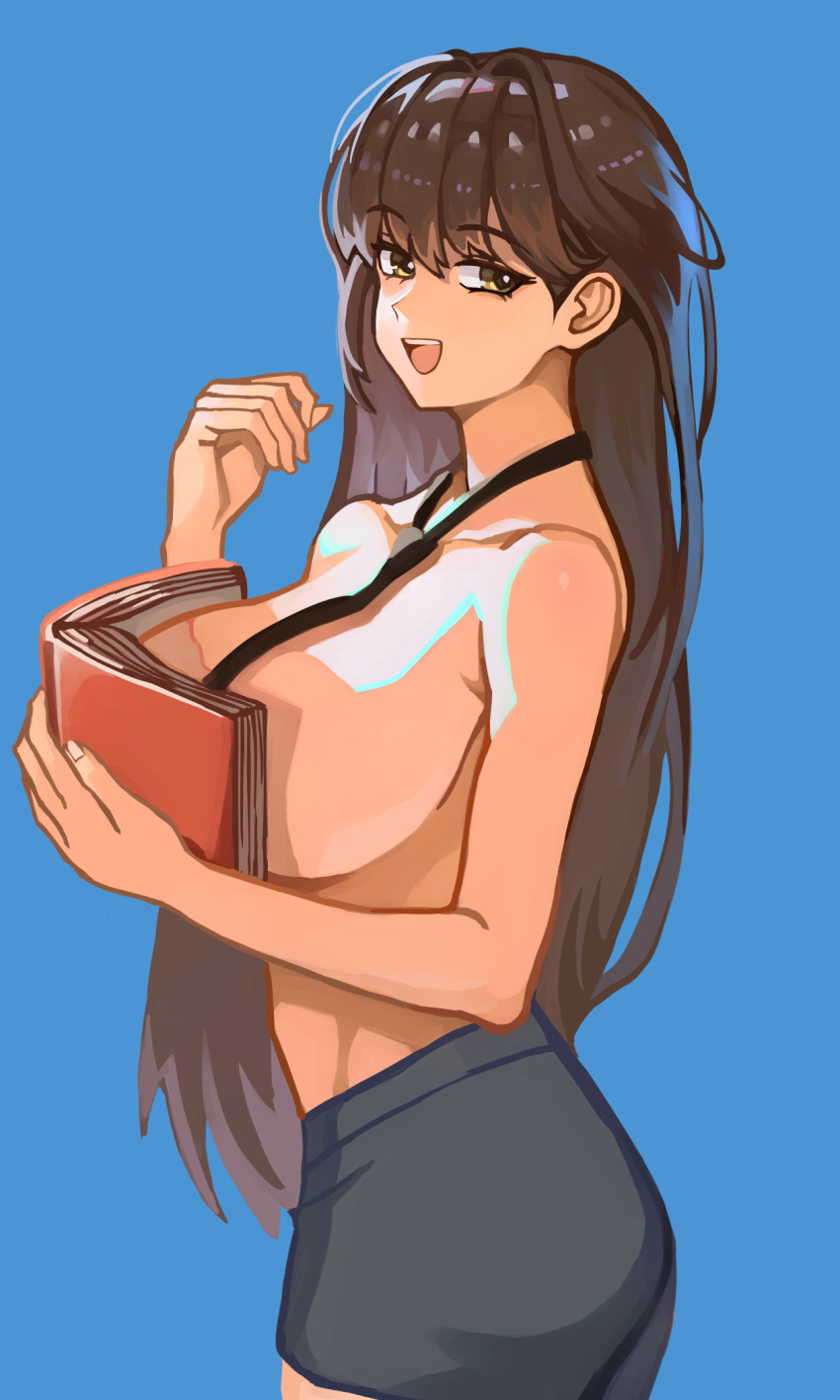 1girl alternate_breast_size black_necktie blue_background blue_skirt book book_on_breasts breasts collarbone commentary_request cowboy_shot from_side goddess_of_victory:_nikke hand_up highres holding holding_book huge_breasts long_hair looking_at_viewer marciana_(nikke) miniskirt necktie open_mouth simple_background skirt smile solo teeth topless_female upper_teeth_only vincentsu yellow_eyes