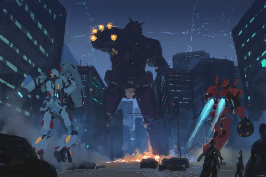 absurdres armor artist_name ball_and_chain_(weapon) battle black_armor building car city colony_interior commentary finger_cannon fire from_behind gquuuuuux gundam gundam_gquuuuuux highres holding holding_flail holding_shield holding_weapon icemarv14 mecha mecha_focus mobile_suit motor_vehicle outdoors outstretched_arm outstretched_hand powering_up psyco_gundam red_armor red_gundam road robot science_fiction shield space_habitat street thrusters unfinished v-fin weapon white_armor