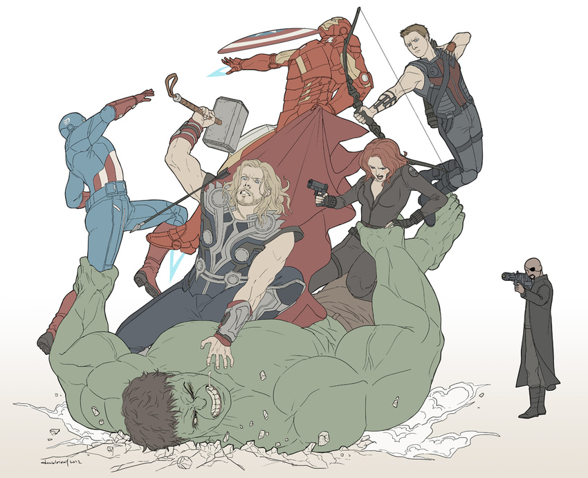 6+boys armor arrow avengers black_hair black_widow blonde_hair blue_eyes blush bodysuit bow_(weapon) breasts brown_hair cape captain_america cleavage dark_skin eyepatch facial_hair gb_(doubleleaf) green_eyes green_skin gun handgun hawkeye_(marvel) hulk iron_man large_breasts long_hair marvel mask multiple_boys nick_fury open_mouth pistol red_hair rocket_launcher shield skin_tight stubble thor_(marvel) weapon