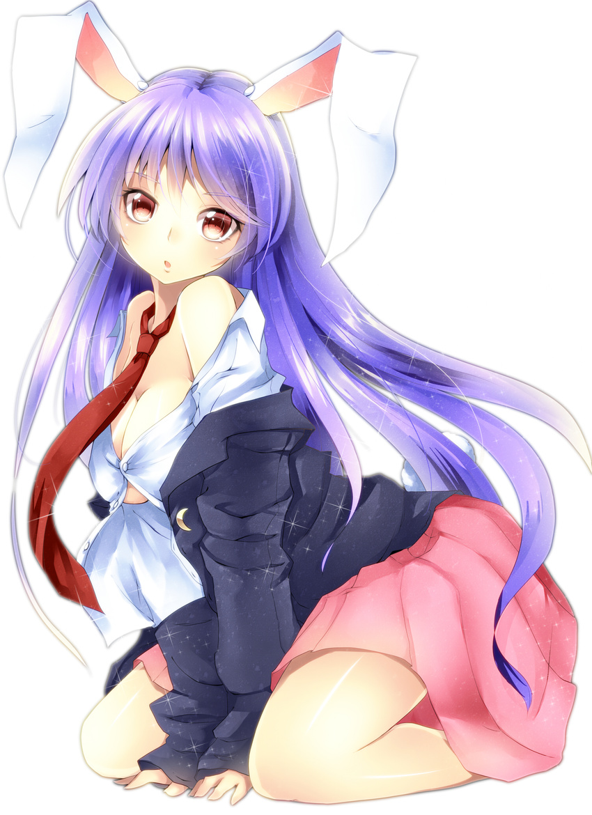 animal_ears bad_id bad_pixiv_id banned_artist bare_shoulders blazer blush breasts bunny_ears bunny_tail cleavage colorized crescent dress_shirt highres jacket kneeling large_breasts long_hair looking_at_viewer necktie nikka_(cryptomeria) no_bra off_shoulder open_clothes pink_hair pleated_skirt purple_hair red_eyes red_neckwear reisen_udongein_inaba shirt skirt solo tail touhou tsukiriran undressing v_arms very_long_hair