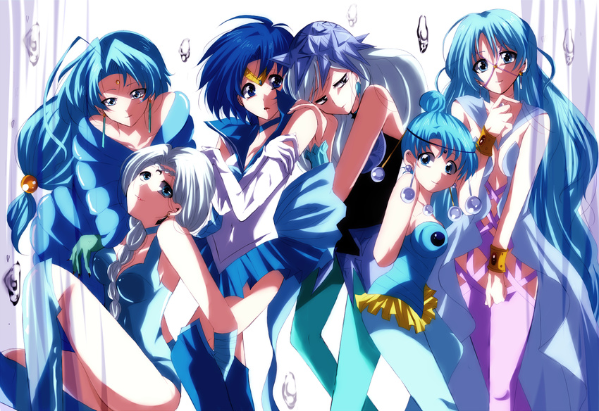 5girls amazons_quartet arm_grab beruche_(sailor_moon) bishoujo_senshi_sailor_moon black_moon_clan blue blue_choker blue_eyes blue_hair blue_legwear blue_leotard blue_sailor_collar blue_skirt braid choker color_connection commentary_request crystal_earrings earrings fish_eye_(sailor_moon) hair_bun jewelry jitome leotard long_hair low-tied_long_hair maru_(092102040413) mizuno_ami multiple_girls otoko_no_ko pallapalla_(sailor_moon) pantyhose sailor_aluminum_seiren sailor_collar sailor_mercury sailor_senshi_uniform single_braid skirt viluy_(sailor_moon) white_hair witches_5