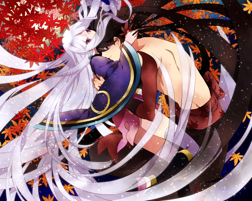 1girl bad_id bad_pixiv_id black_eyes black_hair from_side gloves grey_hair highres hug japanese_clothes kai28 katanagatari kimono long_hair looking_up pants purple_eyes short_kimono smile thighhighs togame yasuri_shichika