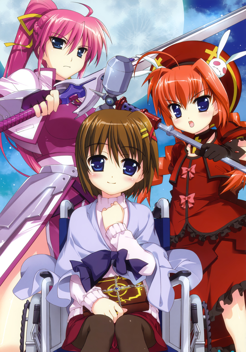 absurdres ahoge blue_eyes blush book bow braid breasts brown_hair bunny dress faulds fingerless_gloves frills fujima_takuya full_moon gauntlets gloves graf_eisen hair_ribbon hammer hat highres levantine long_hair lyrical_nanoha mahou_shoujo_lyrical_nanoha mahou_shoujo_lyrical_nanoha_a's medium_breasts moon multiple_girls night orange_hair pantyhose pink_hair ponytail ribbon scan short_hair signum sitting smile star_(sky) sweater sword tome_of_the_night_sky twin_braids vita weapon wheelchair yagami_hayate