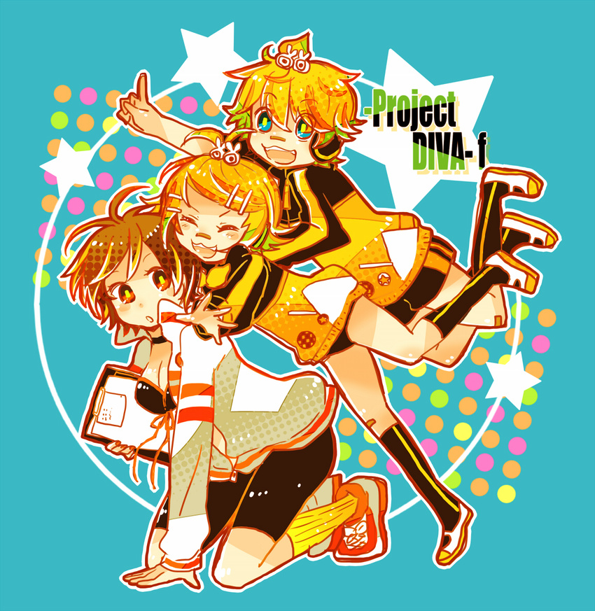 2girls 7:24 bandaid blonde_hair blue_eyes brown_hair jacket kagamine_len kagamine_rin looking_at_viewer meiko multiple_girls open_mouth project_diva_(series) project_diva_f short_hair smile stylish_energy_(module) vocaloid whistle_(module)