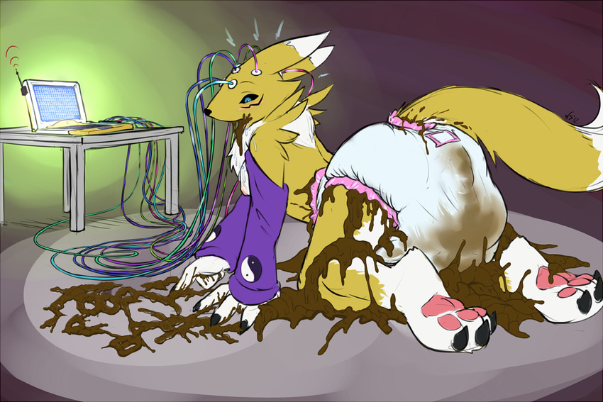 canine computer diaper digimon eating f&#230;ces f&aelig;ces feces female fox mammal pooping renamon scat starman_deluxe