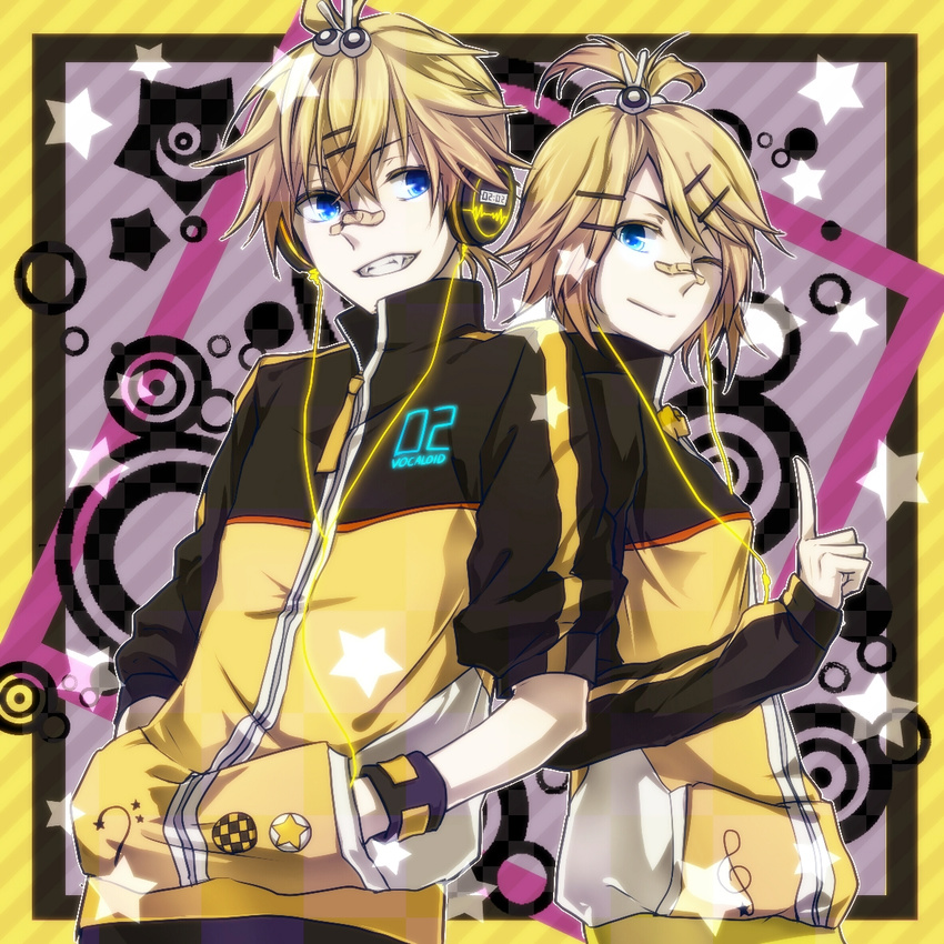 1girl bandaid blonde_hair blue_eyes brother_and_sister fukkin_(hukkyunzzz) hair_ornament hair_ribbon hairclip headset jacket kagamine_len kagamine_rin looking_at_viewer one_eye_closed project_diva_(series) project_diva_f ribbon short_hair siblings smile stylish_energy_(module) twins vocaloid