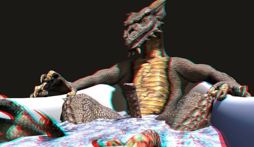 3drb anaglyph bath bathtub dragon looking_at_viewer male millennium_dragon penis scalie solo stereogram water western_dragon wookiee_(artist)