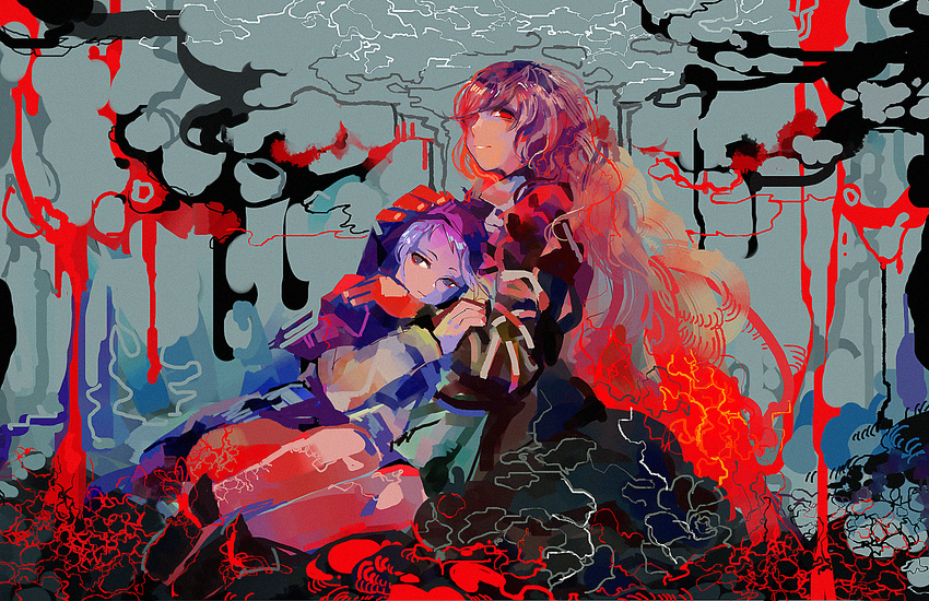 acid_trip bad_id bad_pixiv_id colorful dress hand_on_head highres hijiri_byakuren hood kumoi_ichirin long_hair mgn0isi multicolored_hair multiple_girls red_eyes short_hair sitting smile touhou