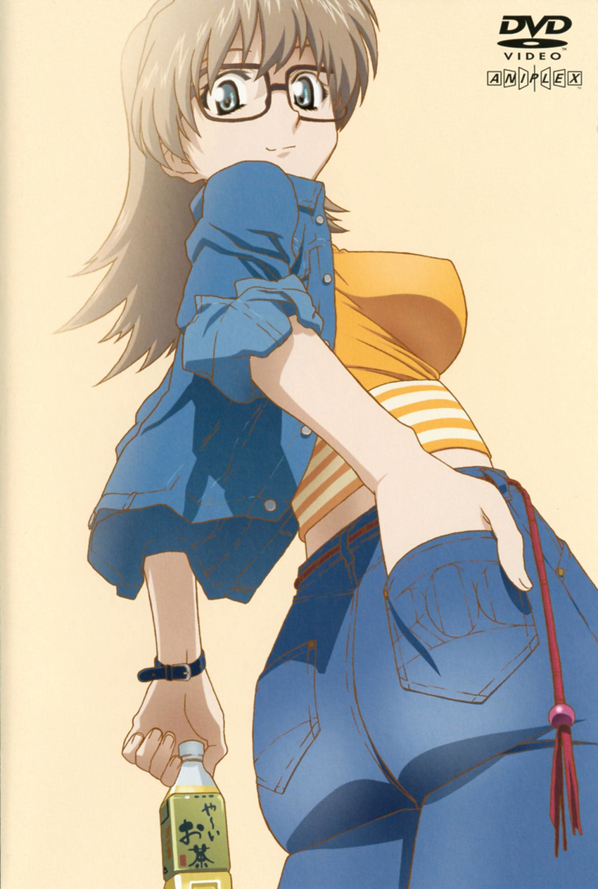 absurdres ass blue_eyes bottle breasts brown_hair denim glasses hand_on_ass highres jacket jeans large_breasts long_hair looking_at_viewer pants r.o.d_the_tv read_or_die sideboob smile solo standing sumiregawa_nenene watch wristwatch