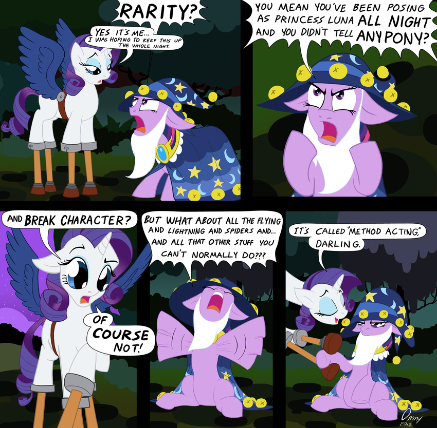 bell bells blue_eyes cape comic costume dialog dialogue english_text equine eyeshadow facial_hair female feral forest friendship_is_magic hair halloween hat holidays horn horse makeup mammal multi-colored_hair my_little_pony night nightmare_night omny87 outside pony purple_eyes rarity_(mlp) stars stilts text tree twilight_sparkle_(mlp) unicorn wings wizard_hat wood