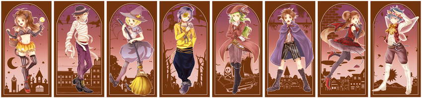 5boys absurdres ahoge bad_id bad_pixiv_id bat bel_(pokemon) black_hair blonde_hair blue_eyes blue_hair boots bow broom brown_eyes brown_hair candy cape cheren_(pokemon) costume double_bun dress elbow_gloves fairy_wings fangs food frills full_moon gloves green_eyes green_hair halloween hat highres hue_(pokemon) kyouhei_(pokemon) lollipop long_hair long_image mei_(pokemon) moon multiple_boys multiple_girls mummy n_(pokemon) pantyhose pirate pokemon pokemon_(game) pokemon_bw pokemon_bw2 ponytail raven-y2 ribbon short_hair smile star striped striped_legwear swirl_lollipop thighhighs touko_(pokemon) touya_(pokemon) twintails vampire vertical-striped_legwear vertical_stripes werewolf wide_image wings witch witch_hat