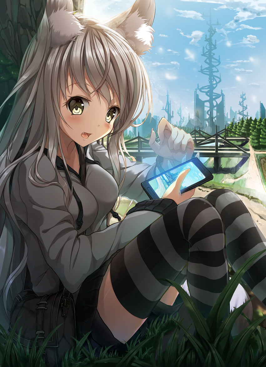 :d animal_ear_fluff animal_ears bad_id bad_pixiv_id bag bangs black_skirt blush breasts cellphone day fang fox_ears grass highres holding lens_flare long_hair long_sleeves looking_at_viewer medium_breasts open_mouth original outdoors phone re:n_ne silver_hair sitting skirt smile solo striped striped_legwear thighhighs tree yellow_eyes
