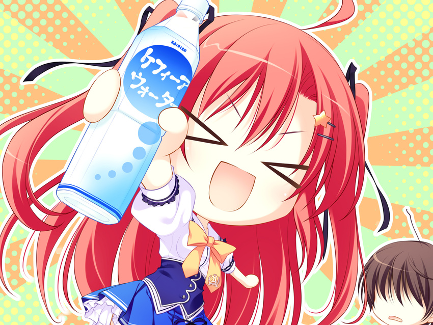 amagami_akito chibi drink game_cg long_hair nanawind possible_duplicate red_hair seifuku takasaki_honoka yuyukana