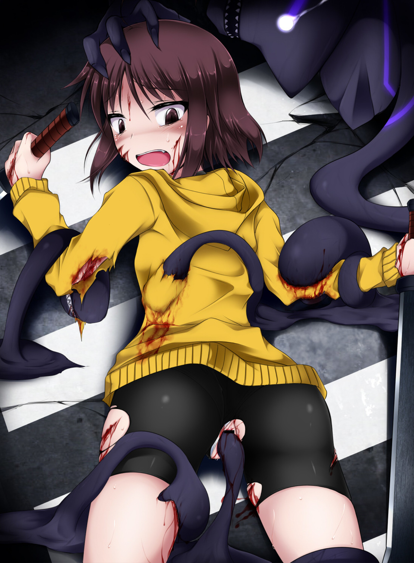 bike_shorts biting blood brown_eyes brown_hair censored cuts dual_wielding fang glowing glowing_eyes highres holding hood hoodie injury knife linne merkava_(under_night_in-birth) monster mosaic_censoring neon_trim object_insertion open_mouth reverse_grip shimo_(depthbomb) short_hair solo sword tentacle_sex tentacles tentacles_under_clothes torn_bike_shorts torn_clothes under_night_in-birth vaginal vaginal_object_insertion weapon